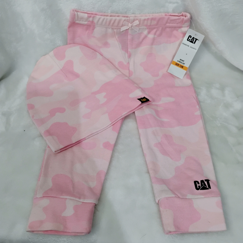 Caterpillar CAT Pink Camo Camouflage Pants & Beanie Hat 12M NEW G